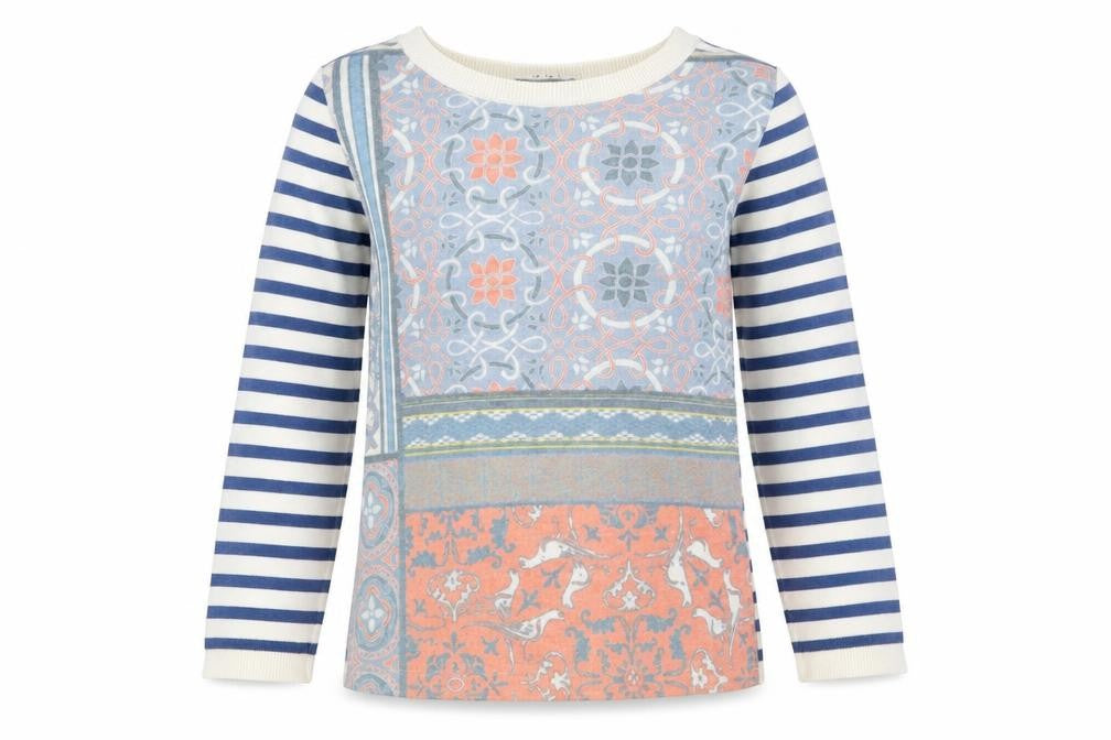 Front view of Oui women’s multicoloured round neck striped cotton jumper, size UK 10