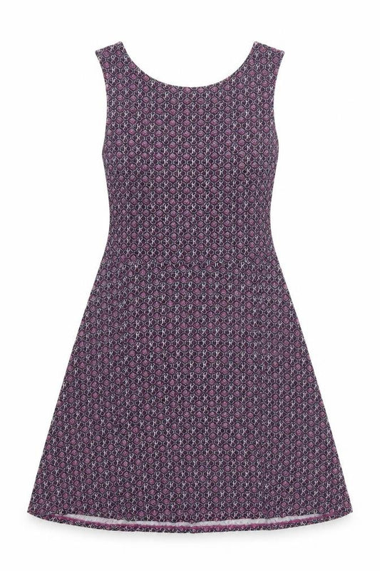 Front view of Next women’s purple geometric viscose a-line, size UK 10, round neck pullover