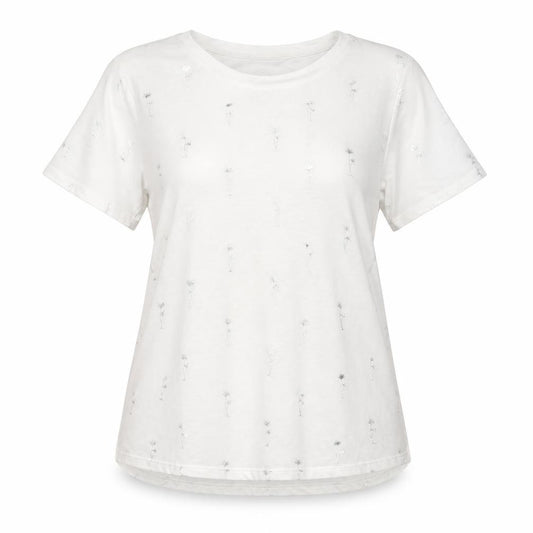 Front view of Oasis women’s white geometric polyester basic t-shirt, size M, round neck