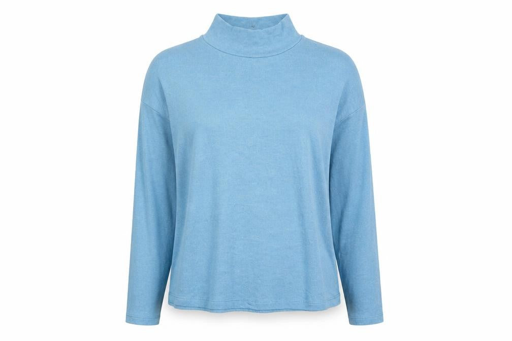 Front view of Primark women’s blue mock neck viscose jumper, size UK 14