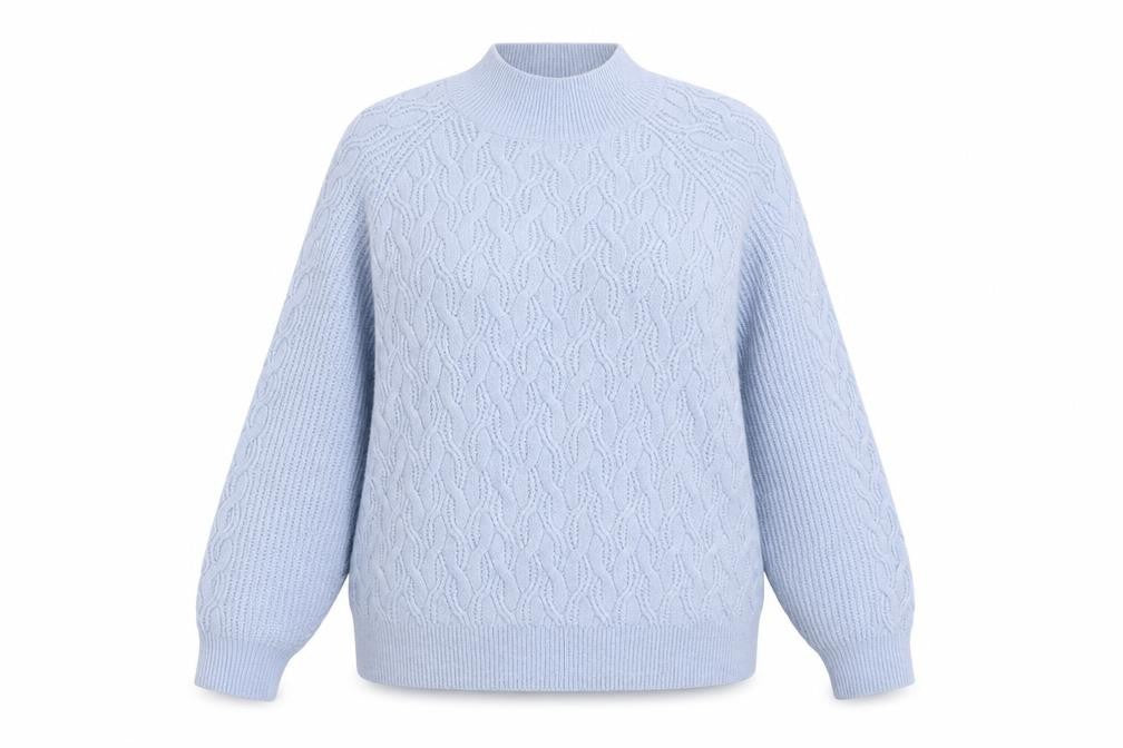 Front view of Dunnes women’s blue mock neck geometric acrylic jumper, size M