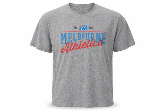 Front view of Jeff&Co men’s grey cotton t-shirt, size M, round neck - melbourne athletic