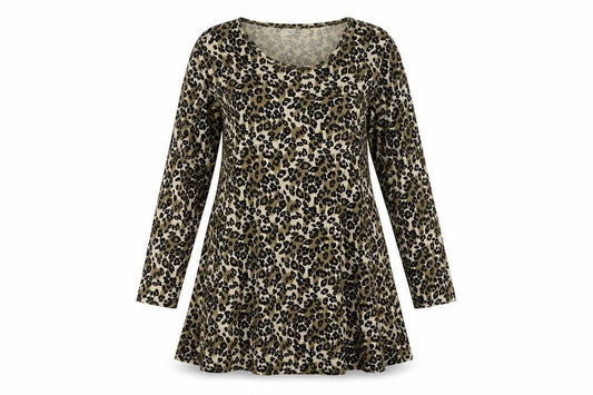 Front view of Label Be women’s multicoloured animal print cotton skater dress, round neck pullover - leopard pattern