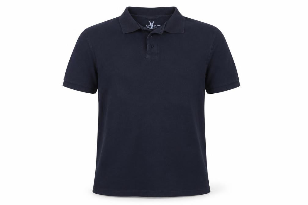 Front view of Alpine Expedition men’s blue cotton polo, size L, collared button