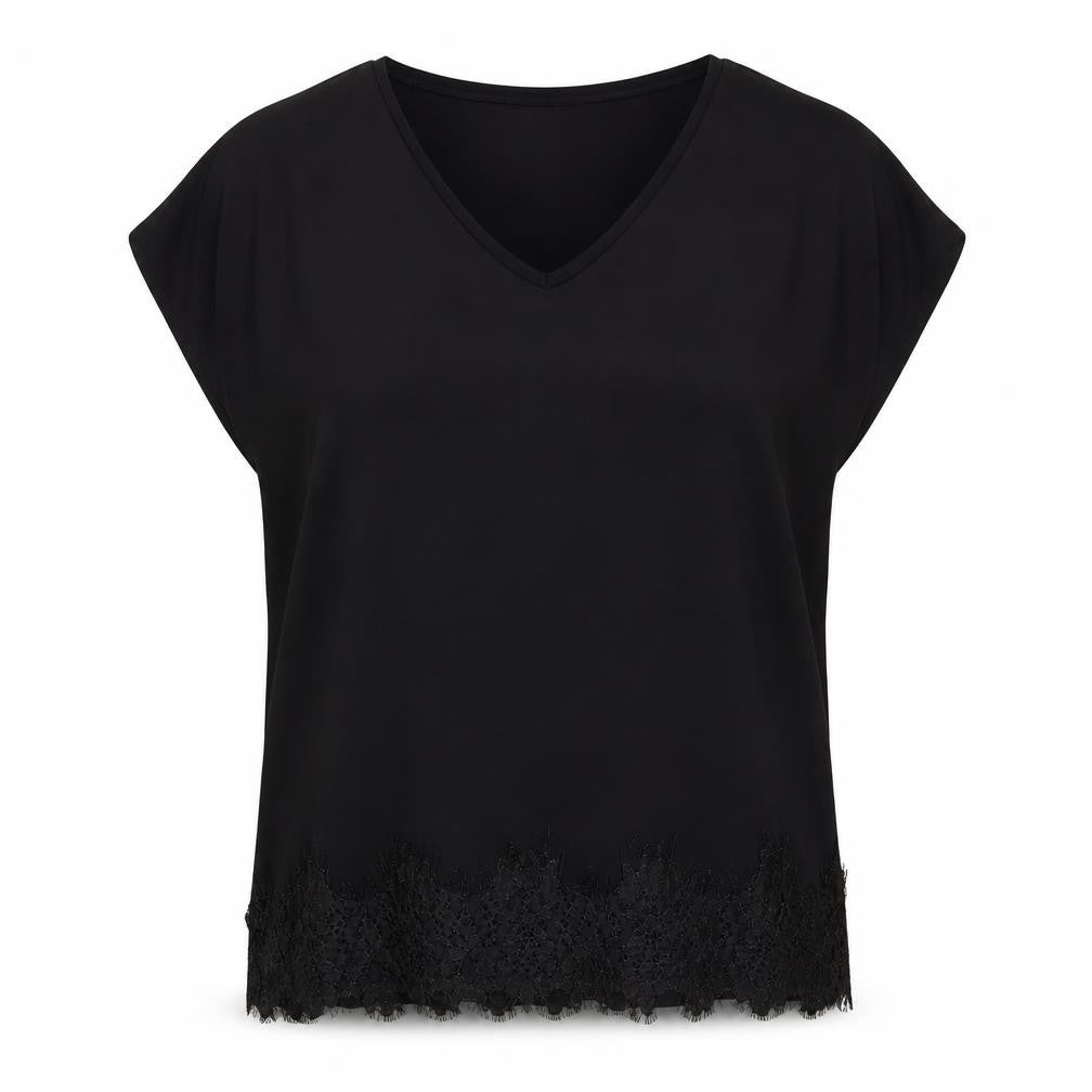 Front view of Dunnes women’s black polyester basic blouse, size L, v-neck - lace detail