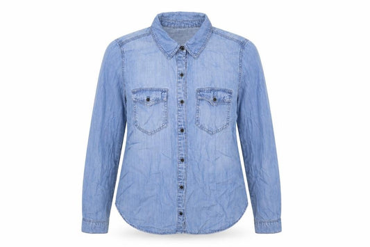 Front view of Life In Progress women’s blue lyocell basic button-up, size S, collared