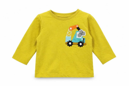 Front view of Next Baby Yellow Cotton Pullover T-Shirt, size 3-6, Months Crew Neck Pullover - Crane