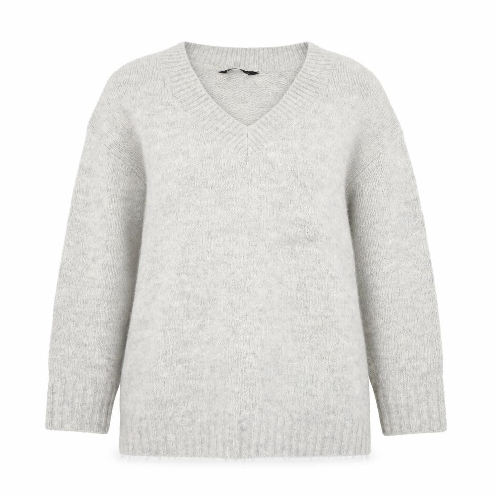 Front view of F&F women’s beige v-neck acrylic jumper, size UK 8