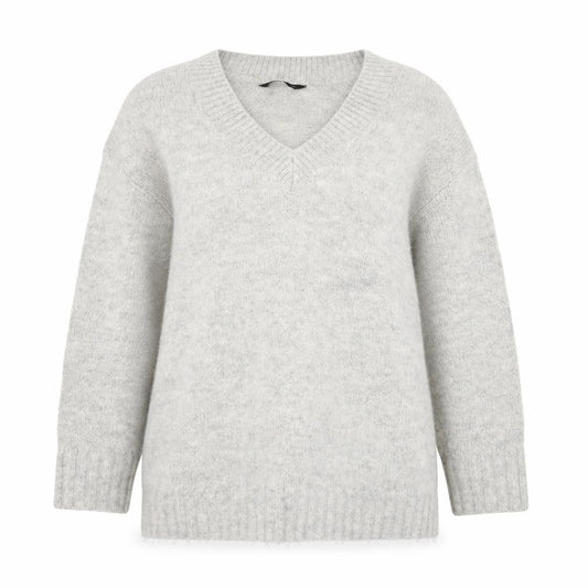 Front view of F&F women’s beige v-neck acrylic jumper, size UK 8