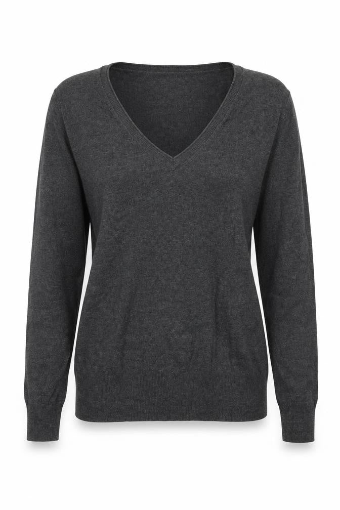 Front view of Selection women’s grey v-neck acrylic jumper, size UK 14