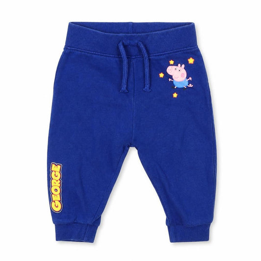 Front view of Peppa Pig girls’ blue cotton jogger trousers, size 6-9, months drawstring - george