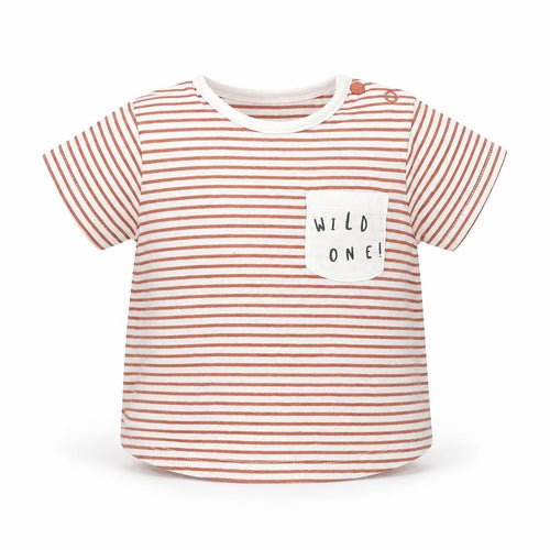 TU Boys White Striped Cotton Basic T-Shirt Size 6-9 Months Round Neck Snap - Wild One!
