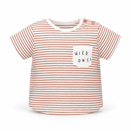 Front view of Tu boys’ white striped cotton basic t-shirt, size 6-9, months round neck snap - wild one!