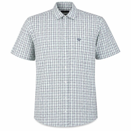 Front view of Lincoln men’s green check polyester button-up, size L, collared button