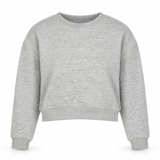 Front view of Reebok women’s grey cotton pullover sweatshirt, size UK 4, pullover