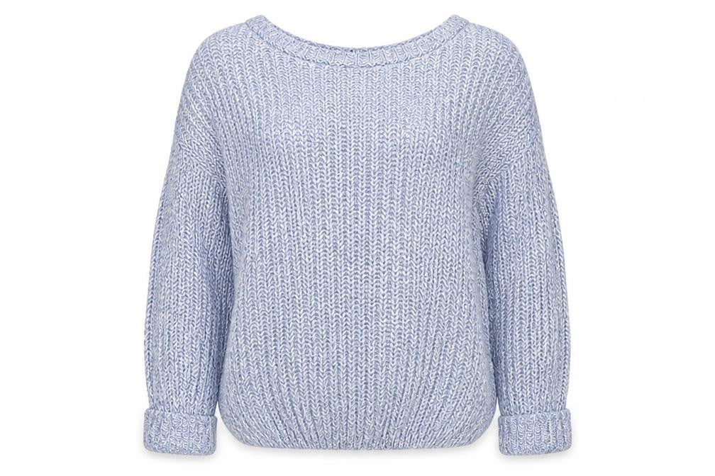 Front view of Fluid women’s blue round neck acrylic jumper, size UK 12