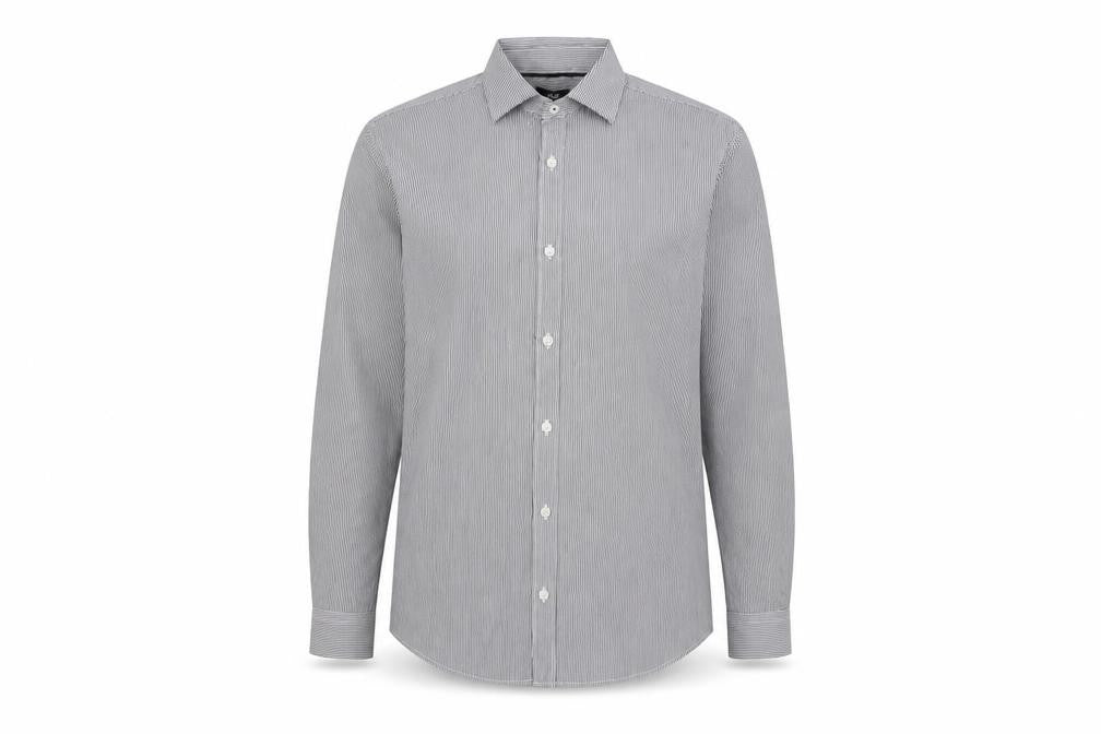 Front view of H&M men’s green striped cotton button-up, size S, collared button