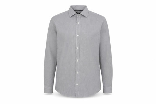 Front view of H&M men’s green striped cotton button-up, size S, collared button
