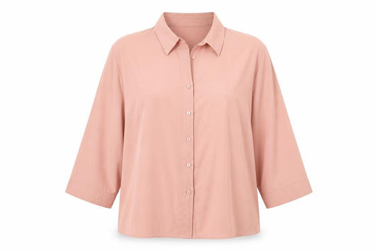 Front view of Bonmarché women’s pink polyester basic button-up, size UK 20, collared