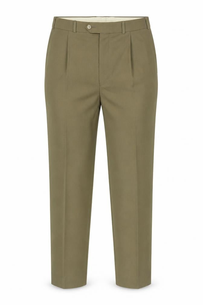 Front view of Marks & Spencer women’s green polyester trousers, size UK 38, 34-inch leg regular button