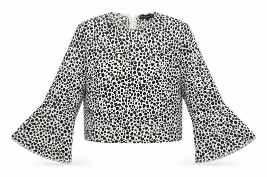 Front view of PRETTYLITTLETHING women’s white animal print polyester cropped t-shirt, round neck - dalmatian print
