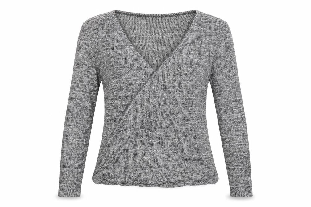 Front view of River Island women’s grey v-neck viscose wrap jumper, size UK 8