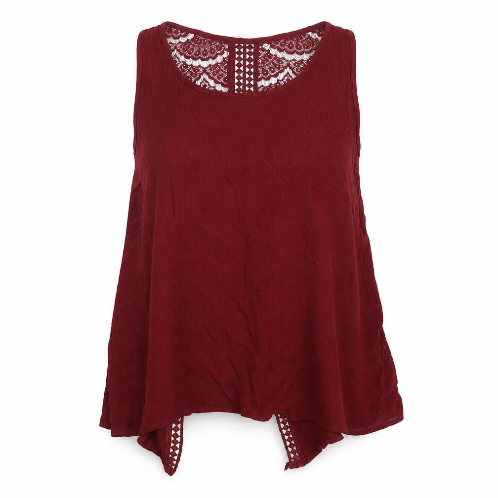 Front view of 12 women’s red geometric viscose basic tank, size UK 12, scoop neck - lace back