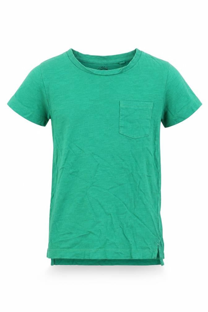 Front view of Next boys’ green cotton basic t-shirt, size 4, years round neck pullover - pocket detail