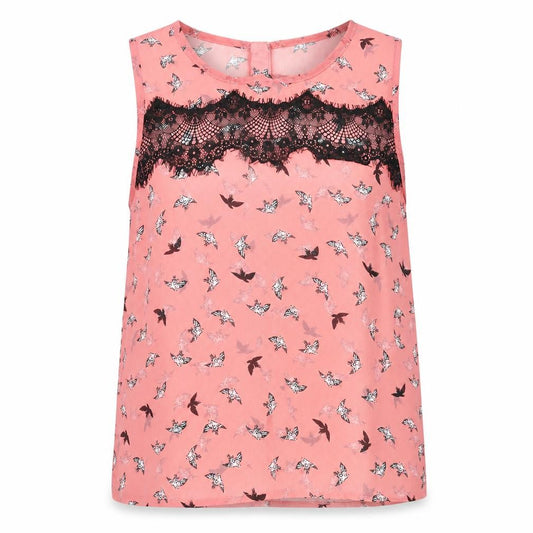 Front view of Atmosphere women’s pink geometric polyester basic blouse, size UK 12, round neck - bird print & lace detail