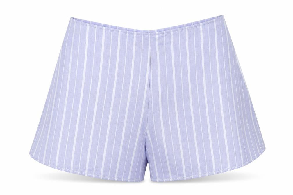 Front view of PRETTYLITTLETHING women’s blue striped 100% polyester hot pants shorts, size UK 12, regular zip