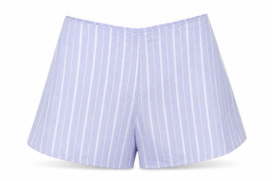 Front view of PRETTYLITTLETHING women’s blue striped 100% polyester hot pants shorts, size UK 12, regular zip