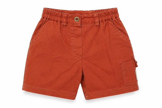 Front view of playdays boys’ orange 100% cotton cropped trousers, size 18-24, months button - logo print