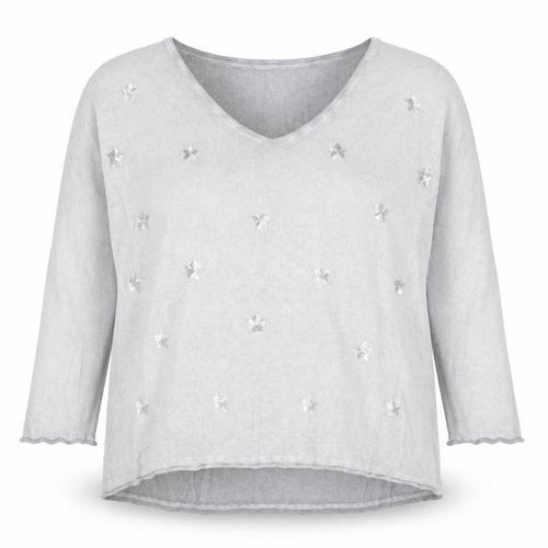 HEINE Womens Grey V-Neck Geometric 100% Cotton Pullover Jumper Size 10 - Stars