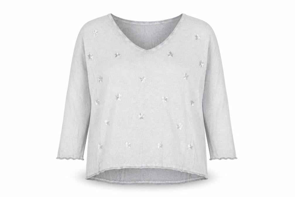 HEINE Womens Grey V-Neck Geometric 100% Cotton Pullover Jumper Size 10 - Stars