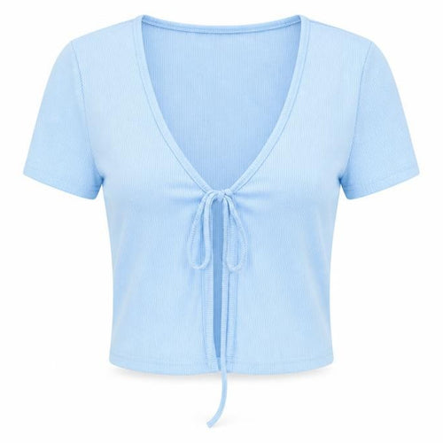 SheIn Womens Blue V-Neck Polyester Shrug Jumper Size XS - Ribbed Tie Front