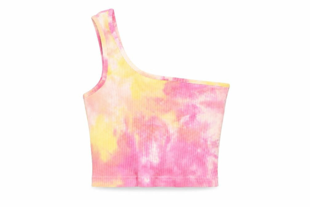 Front view of SHEIN women’s pink geometric elastane basic tank, size XS, one shoulder - ribbed tie dye