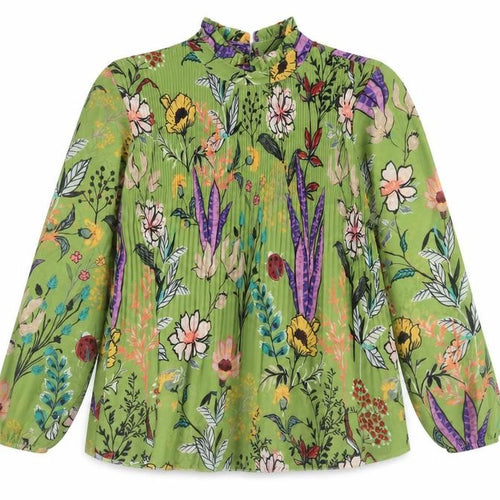 Preworn Womens Green Floral Polyester Jersey Blouse Size S Crew Neck