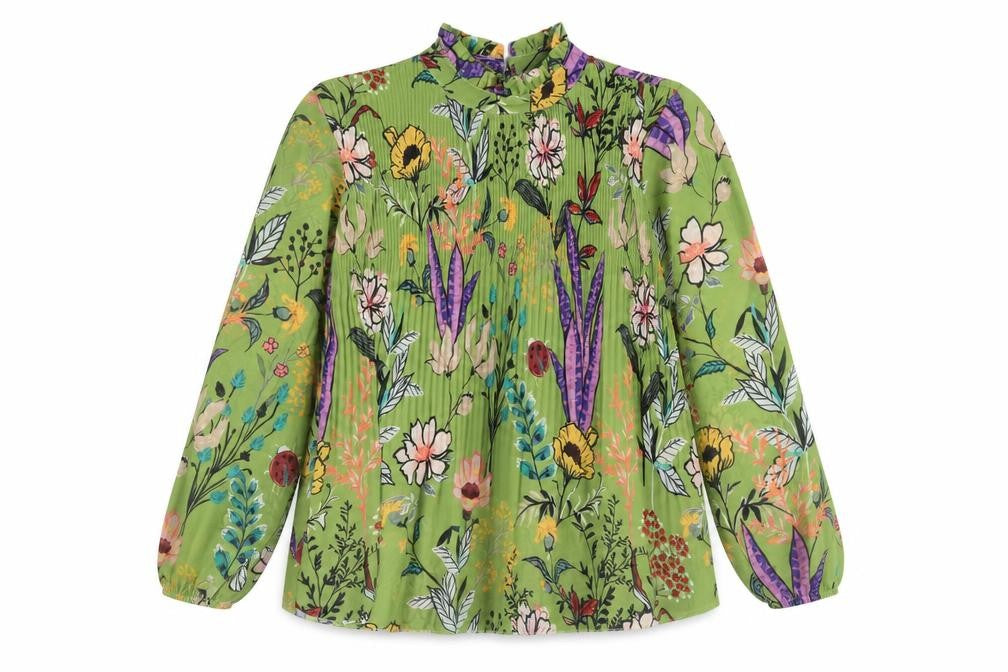 Preworn Womens Green Floral Polyester Jersey Blouse Size S Crew Neck