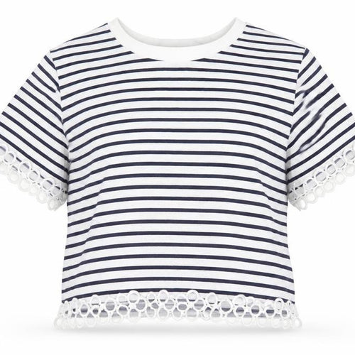 FOREVER 21 Womens Blue Striped 100% Cotton Cropped T-Shirt Size S Round Neck - Floral Embroidery Trim