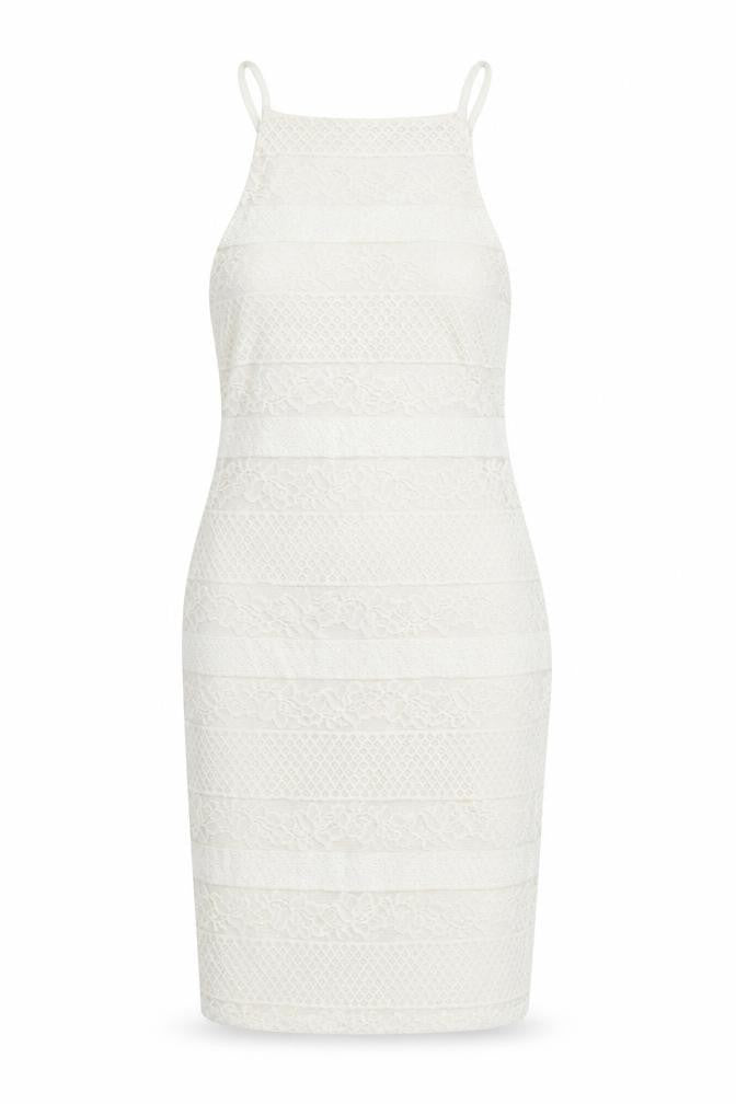 Front view of New Look women’s white floral nylon bodycon, size UK 8, square neck button