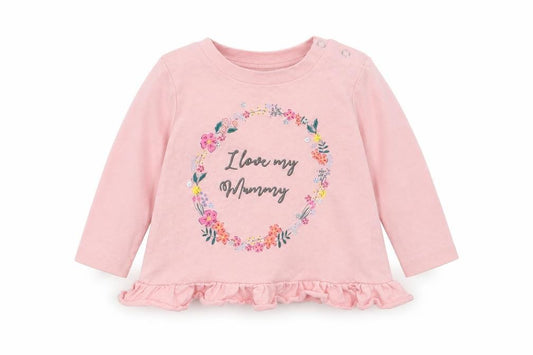 Front view of Very girls’ pink floral cotton basic t-shirt, size 3-6, months round neck snap - i love mummy