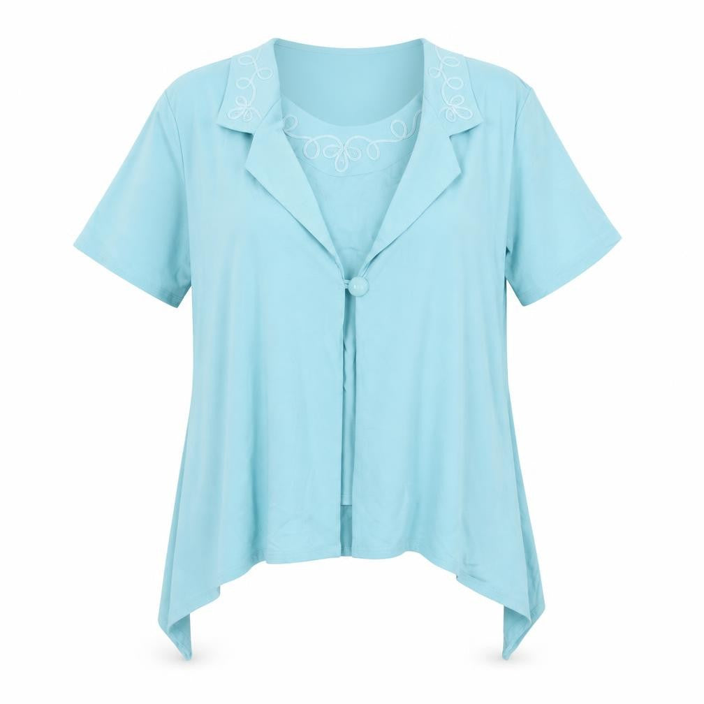 Front view of Bassini women’s blue viscose basic blouse, size XL, round neck