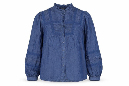 Front view of Monsoon women’s blue lyocell basic button-up, size S, high neck