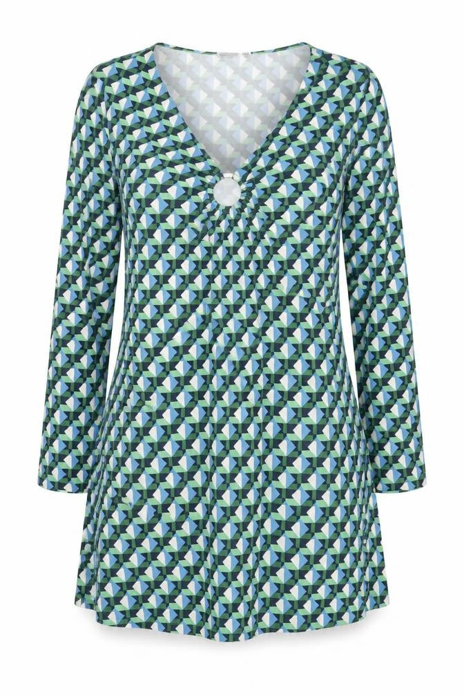 Front view of Stradivarius women’s multicoloured geometric polyester a-line, size M, v-neck pullover
