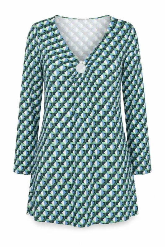 Front view of Stradivarius women’s multicoloured geometric polyester a-line, size M, v-neck pullover