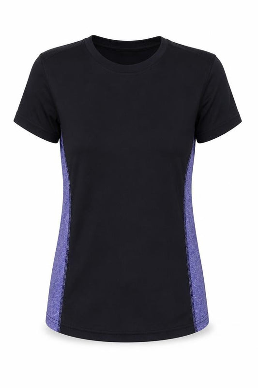 Front view of Preworn women’s black polyester basic t-shirt, size XS, round neck pullover