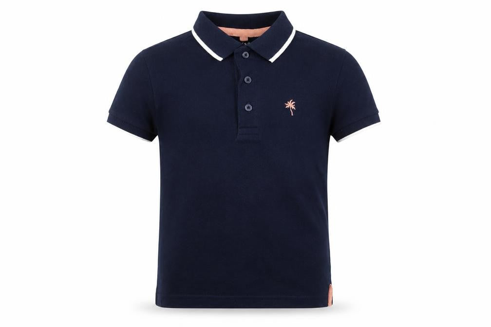 Front view of Marks & Spencer girls’ blue cotton basic polo, size 2-3, years collared button - palm tree