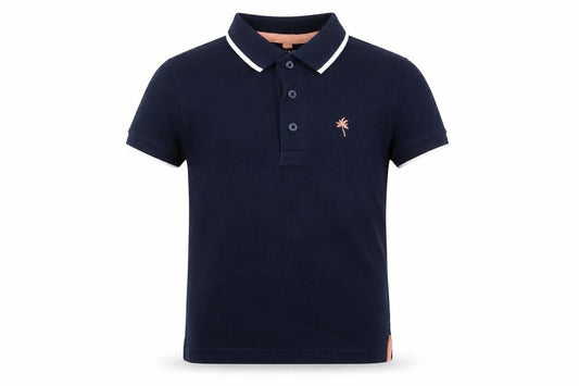 Front view of Marks & Spencer girls’ blue cotton basic polo, size 2-3, years collared button - palm tree