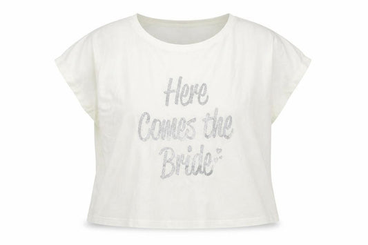 Front view of ASOS women’s ivory cotton basic t-shirt, size M, round neck - here comes the bride