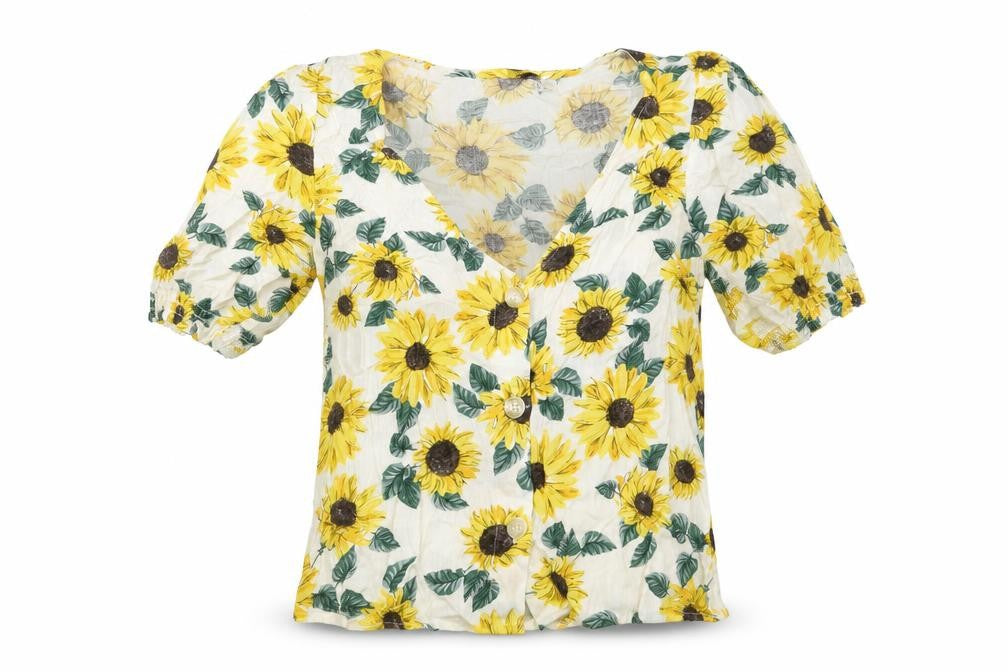 Front view of Divided by H&M women’s yellow floral viscose basic button-up, size UK 4, v-neck
